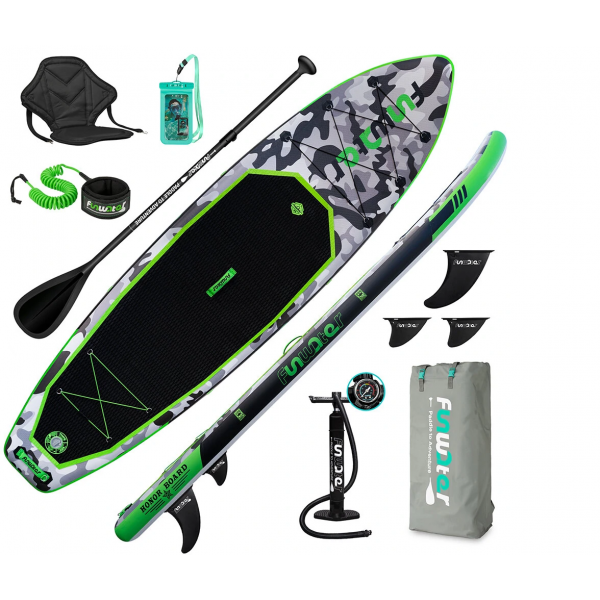 FunWater SUPFW10A 12~15PSI Φουσκωτό Paddle Board Μέγιστο φορτίο 150KG Stand Up Φορητή σανίδα του Surf Pulp 330*84*15CM με σακίδιο, καρέκλα, αδιάβροχη